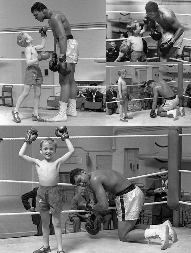 Мухаммед Али с 6-летним Патриком Пауэром во время своей тренировки перед титульным поединком против Генри Купера, 1963 год
