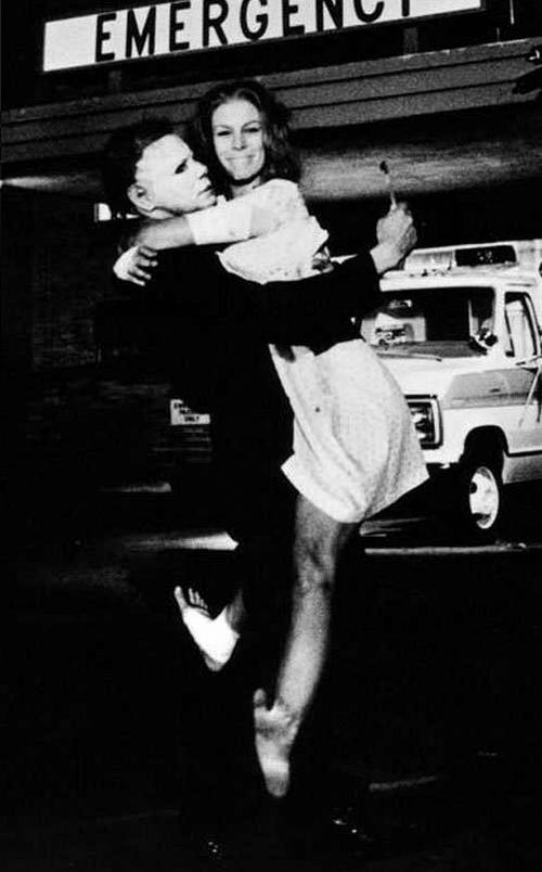 Дик Уорлок и Джейми Ли Кертис на съемках фильма "Хэллоуин 2", 1981 год