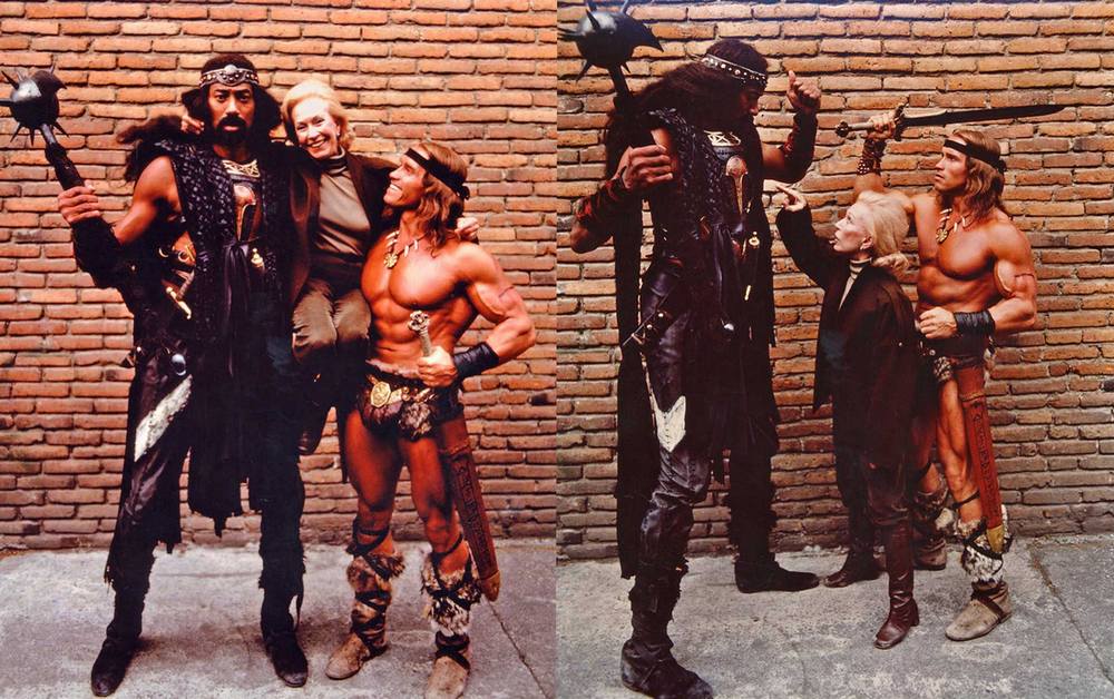 Уилт Чемберлен, Анна Стрик и Арнольд Шварценеггер во время съемок фильма "Конан-разрушитель", 1984 год