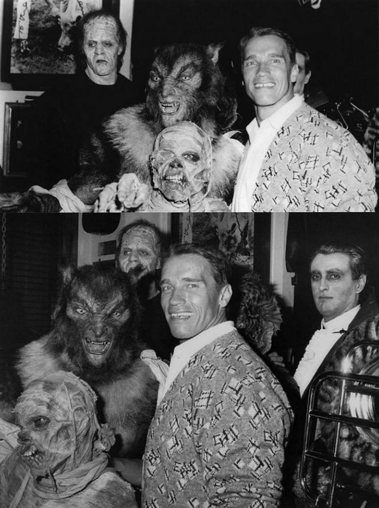 Арнольд Шварценеггер с монстрами из фильма "Взвод монстров" на вечеринке после его премьеры, 1987 год