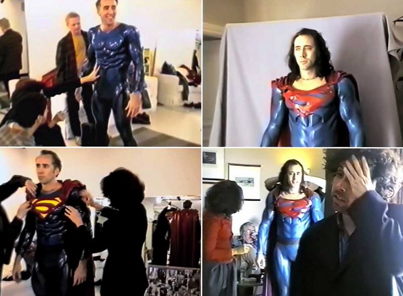 Николас Кейдж примеряет костюм Супермена для отмененного фильма Тима Бертона "Супермен жив", 1997 год