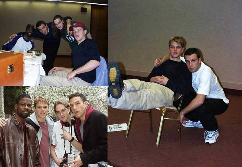 Крис Рок, Бен Аффлек, Джейсон Мьюз и Мэтт Дэймон на съемках фильма "Догма", 1998 год