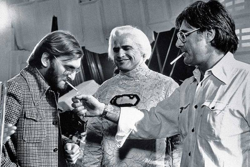 Продюсер Пьер Спенглер, Марлон Брандо и режиссер Ричард Доннер на съемках фильма "Супермен", 1978 год