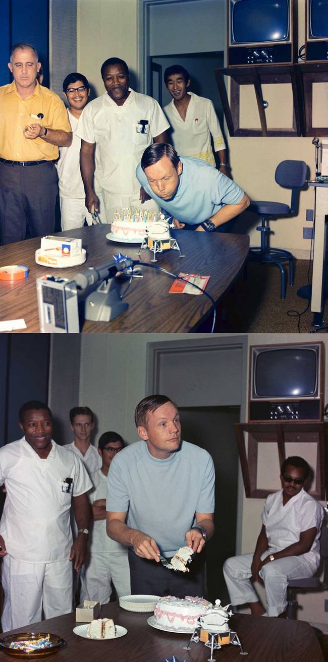 Нил Армстронг празднует свой 39-й день рождения в лаборатории Lunar Receiving вскоре после миссии Аполлон-11, 5 августа 1969 года