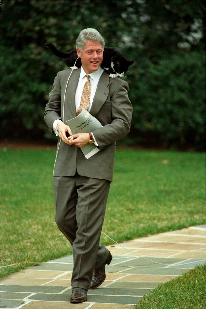 Билл Клинтон и его кот Сокс гуляют на Южной лужайке Белого дома, 1995 год