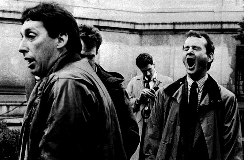 Айвен Райтман, Дэн Эйкройд, Гарольд Рамис и Билл Мюррей на съемках фильма "Охотники за привидениями", 1983 год