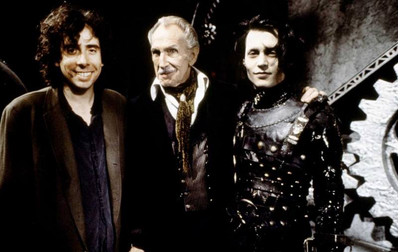 Тим Бертон, Винсент Прайс и Джонни Депп на съемках фильма "Эдвард руки-ножницы", 1990 год