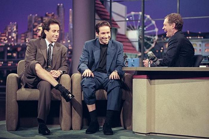 Джерри Сайнфелд и Дэвид Духовны в студии Позднего шоу с Дэвидом Леттерманом, 1995 год