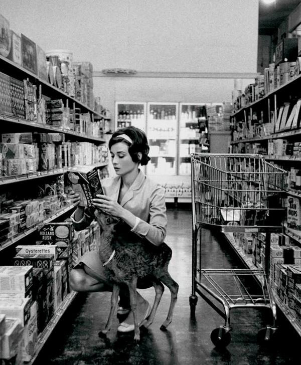 Одри Хепберн со своим олененком Пиппином в супермаркете в Беверли-Хиллз, 1958 год