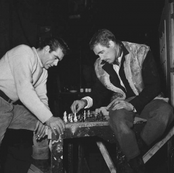 Шон Коннери и Патрик МакГуэн играют в шахматы во время перерыва на съемках фильма "Адские водители", 1956 год