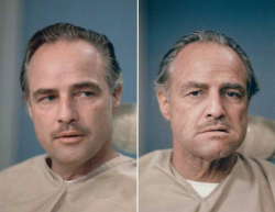 Марлон Брандо до и после наложения грима для роли Дона Вито Корлеоне в картине "Крестный отец", 1971 год