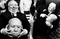 Альфред Хичкок с макетом своей головы на съемках картины "Безумие", 1972 год