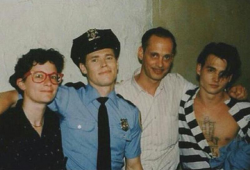 Уиллем Дефо, Джон Уотерс и Джонни Депп на съемках фильма "Плакса", 1989 год